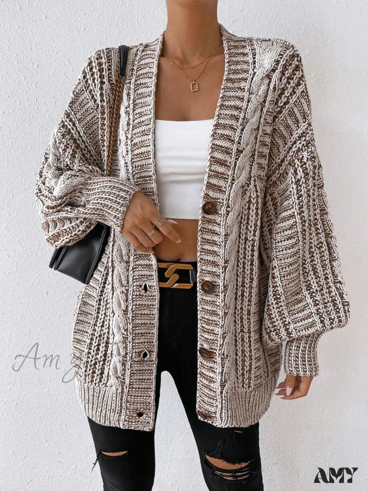 Don't Wait Amy Fashion - Space Dye Drop Shoulder Cable Knit Lantern Sleeve Cardigan