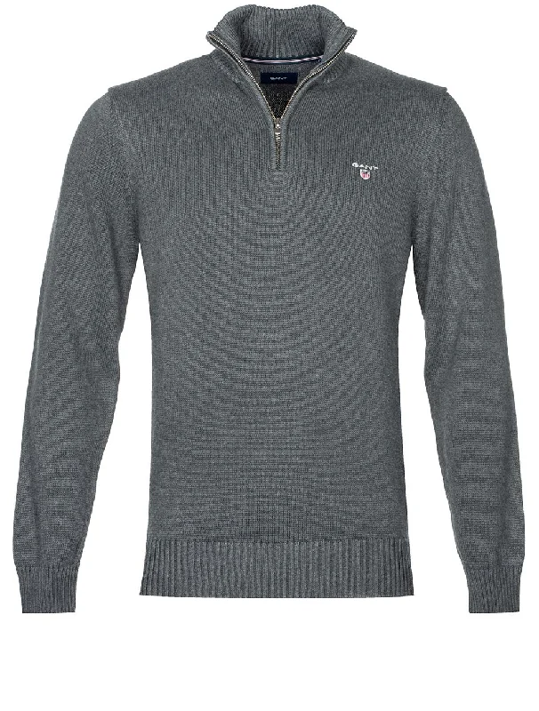 Lässiger Pullover aus Baumwolle mit halbem Reißverschluss Anthrazit Melange