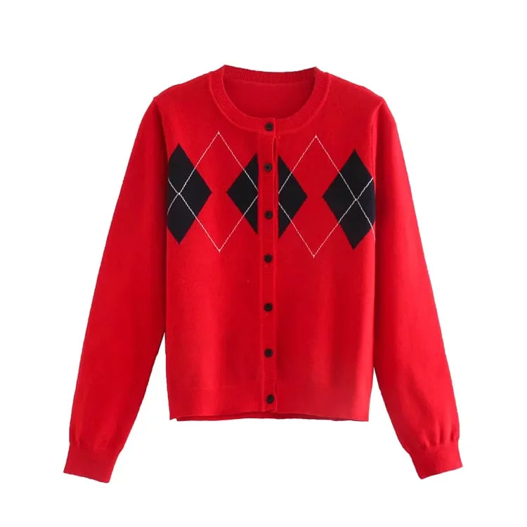 Weekend Savings Spectacle Vintage crew neck contrast diamond jacquard slim knit cardigan 7424 Weekend Savings Spectacle Vintage crew neck contrast diamond jacquard slim knit cardigan 7424