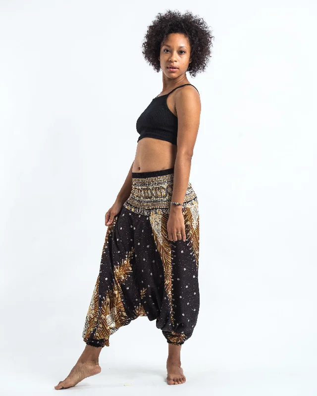 Anniversary Sale Unisex Peacock Feathers Drop Crotch Jumpsuit Harem Pants in Black