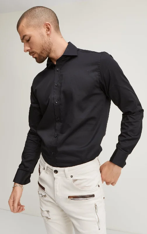 Pure Cotton Spread Collar Fitted Dress Shirt - Jet Black