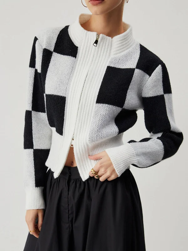 Exclusive Savings Knit Colorblock Graceful Checkered Zippered Cardigan