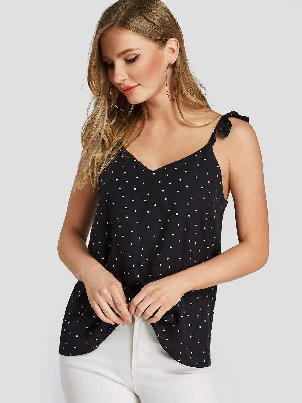 Hurry Up Custom V-Neck Polka Dot Spaghetti Strap Sleeveless Black Camis