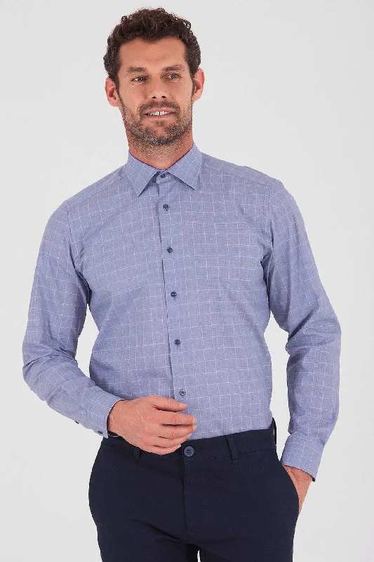 Regular Fit Long Sleeve Checked Cotton Dress Shirt, Navy K. 1