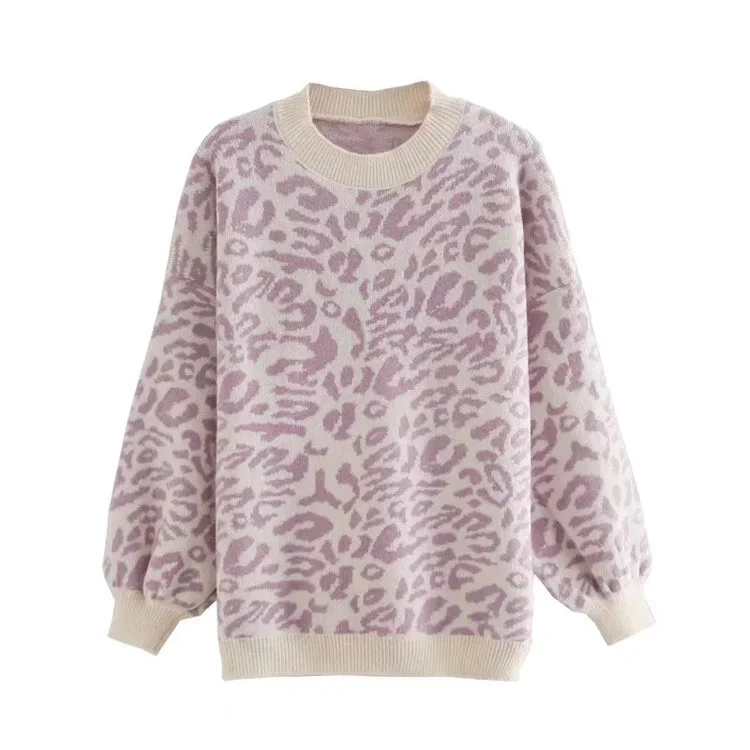 Extra Discount Loose Pullover lazy long sleeve leopard jacquard sweater  7464