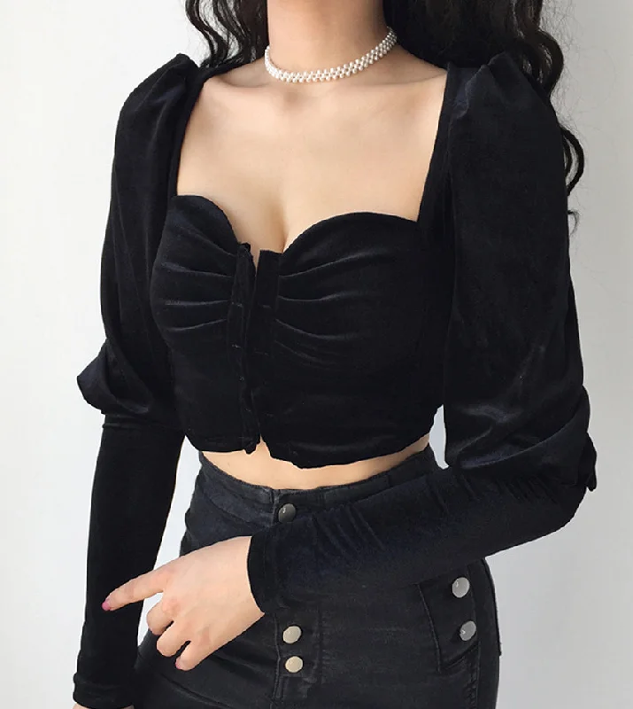Discount Mania Black velvet long sleeve tops  386