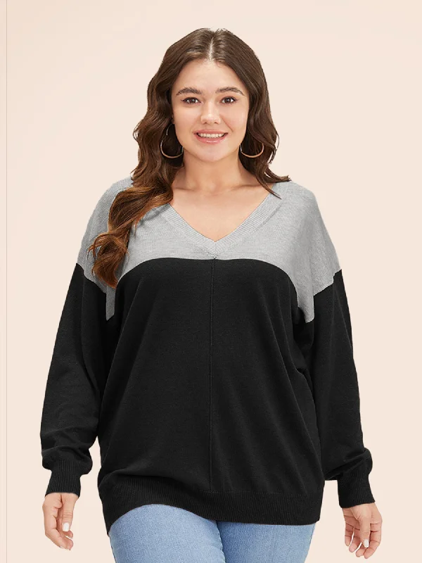Massive Savings Supersoft Essentials Colorblock Two Tone Patchwork V Neck Pullover