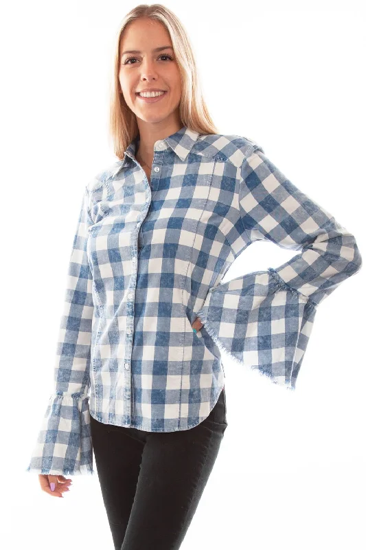 Last Chance Scully Womens Checker Bell Sleeve Blue 100% Cotton L/S Blouse