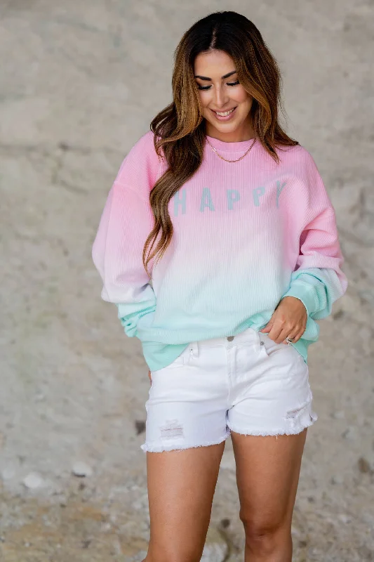 Weekend Deals That Please Happy Gradient Ribbed Graphic Crewneck