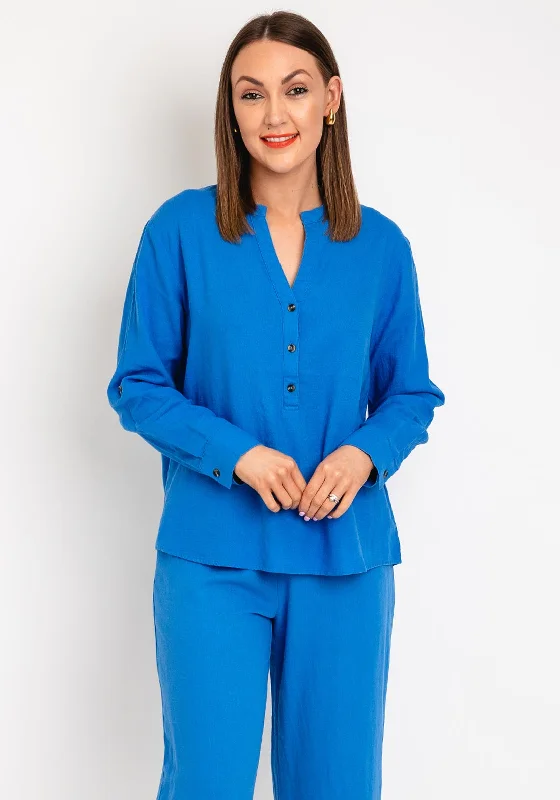 Weekend Steals Await Freequent Lava V Neck Linen Shirt, Nebulas Blue