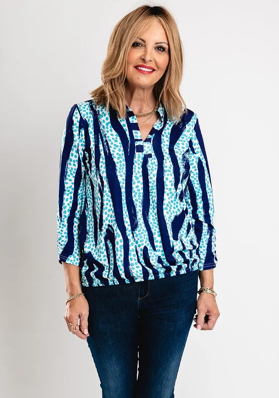 Midnight Madness Leon Collection Notch Neckline Print Top, Teal