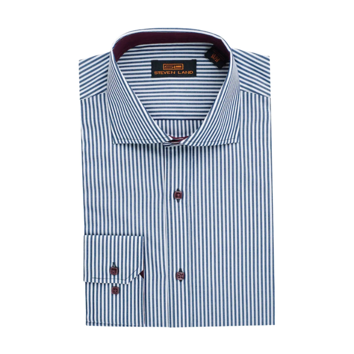 The "Earl" Striped Dress Shirt by Steven Land | Barrel Cuff & Spread Collar | Navy Stripe