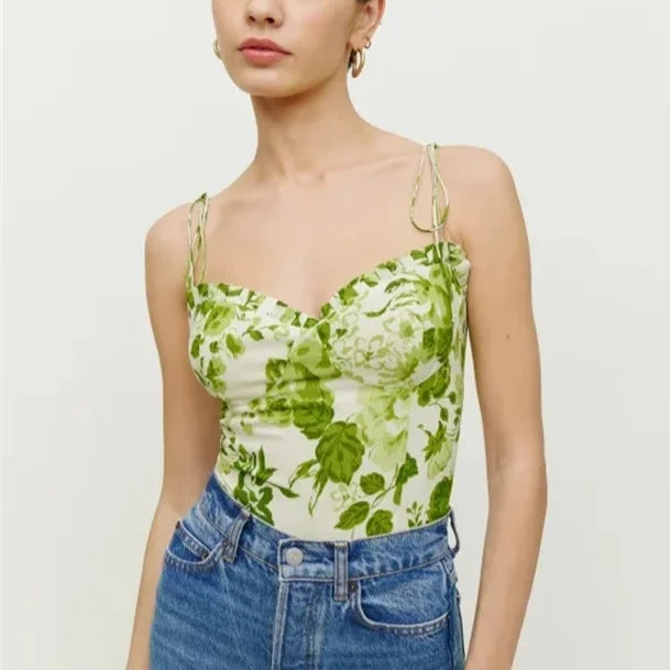 Value Deals Lace-Up Rose Print Short Women Camisole Wholesale Crop Tops