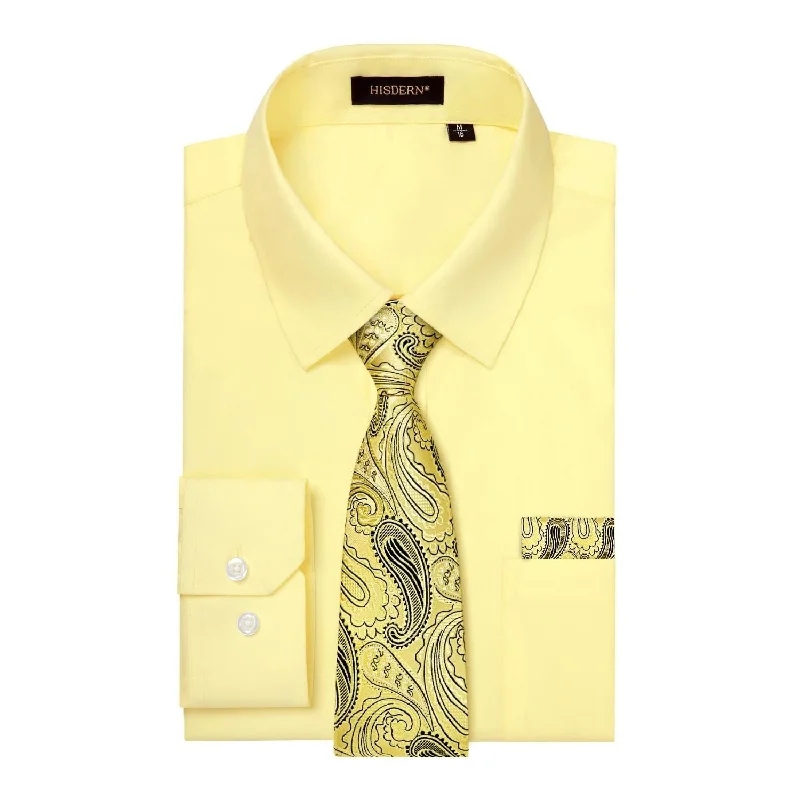 Men's Shirt with Tie Handkerchief Set - LIGHT YELLOW/GOLD