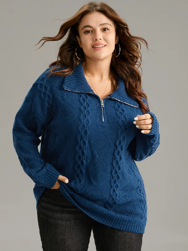 Now Available Zipper Lapel Collar Cable Knit Pullover