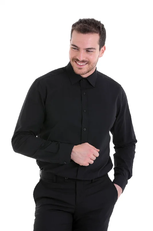 Comfort Fit Plain Long Sleeve Cotton Blend Black Dress Shirt