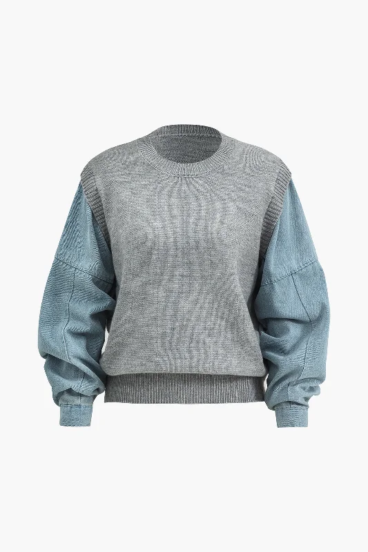 Buy More, Save More Denim Patchwork Sweater Long-Sleeve Top