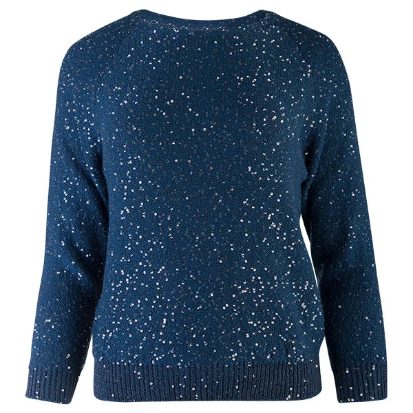 Price Drop Sequin Crewneck Raglan Pullover in Denim Blue