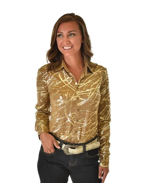 New Arrival Cowgirl Tuff Womens Metallic Midweight Tan/Gold Polyester L/S Shirt