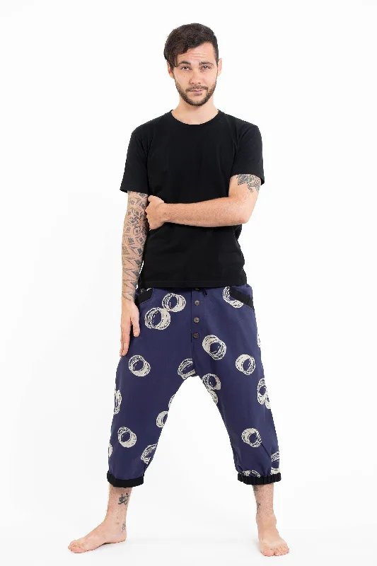 Online Specials Unisex Circles Harem Pants with Faux Buttons in Navy