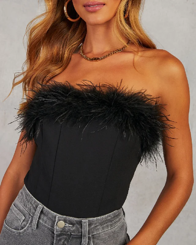Weekend Savings Bonanza Night We Met Strapless Feather Trim Top