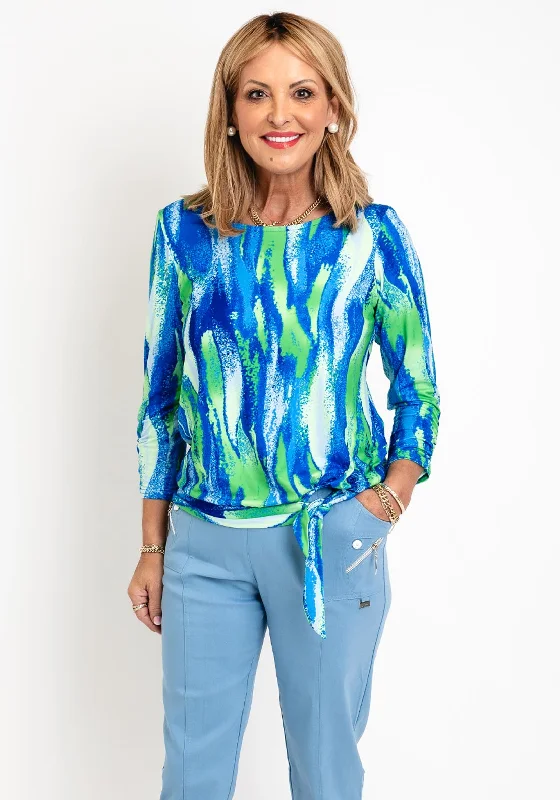 Weekend Price Cuts Galore Leon Collection Knot Hem Print Top, Blue & Green