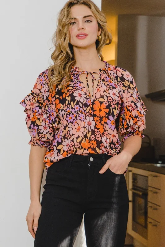 Don't Miss Out ODDI Full Size Floral Tie Neck Ruffled Blouse