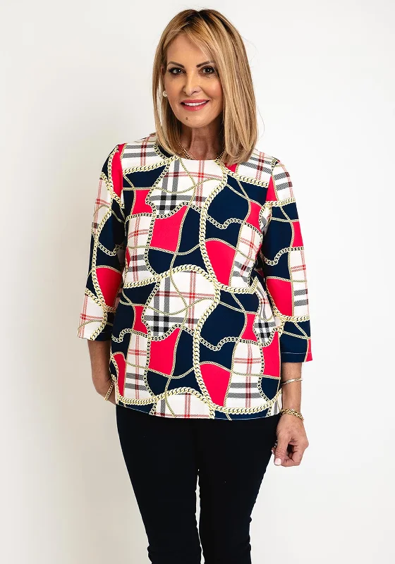Celebrate the Weekend with Discounts Avalon Chain Print Short Sleeve Top, Red & Navy