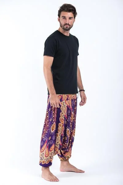Weekend Offers That Tempt Unisex Peacock Paisley Drop Crotch Jumpsuit Harem Pants in Purple Weekend Offers That Tempt Unisex Peacock Paisley Drop Crotch Jumpsuit Harem Pants in Purple