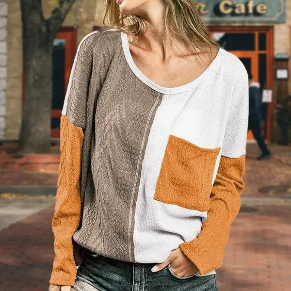 Today's Special Cable Knit Color Block Round Neck Sweater