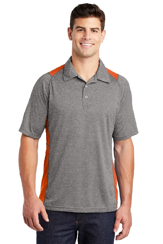 Sport-Tek Mens Heather Contender Moisture Wicking Short Sleeve Polo Shirt - Heather Vintage Grey/Deep Orange