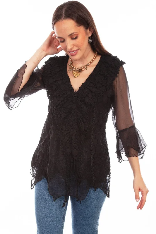 Mega Deal Scully Womens Black Cotton Blend Double Ruffle S/S Blouse