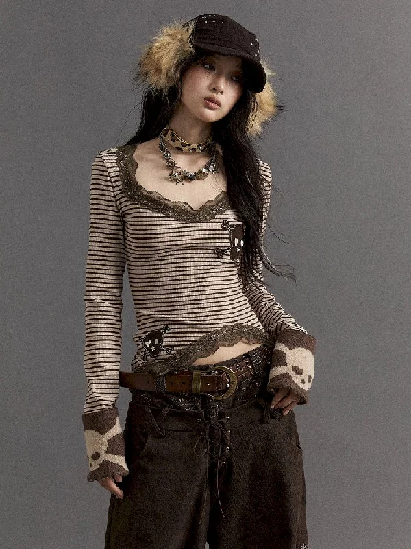 Today Only Striped Lace Trim Knit T-Shirt [S0000010323]