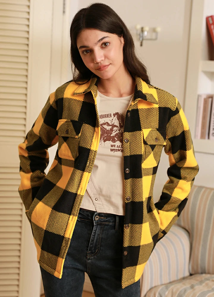 Daily Deals Women's Sherpa Lined Throughout Shirt Jacket Button Up Plaid Jacket