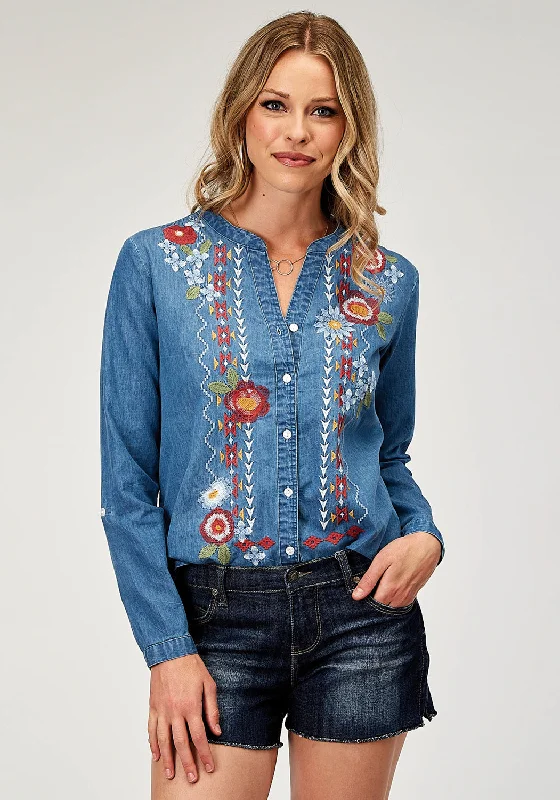 Price Cut Roper Womens Floral Lightweight Blue 100% Cotton L/S Shirt