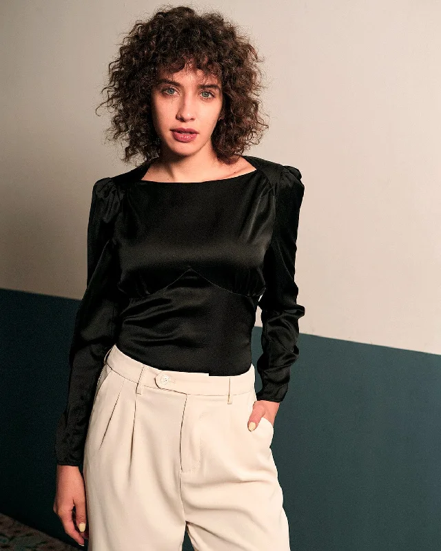 Price Break The Solid Puff Sleeve Tie-back Satin Blouse