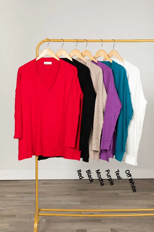 Exclusive Online Offer Ribbed Hem and Sleeve V-Neck Sweater