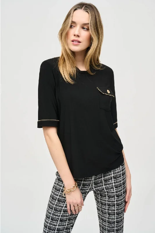 Overstock Joseph Ribkoff Black Ball Link Chain Trim Short Sleeve Top 243229