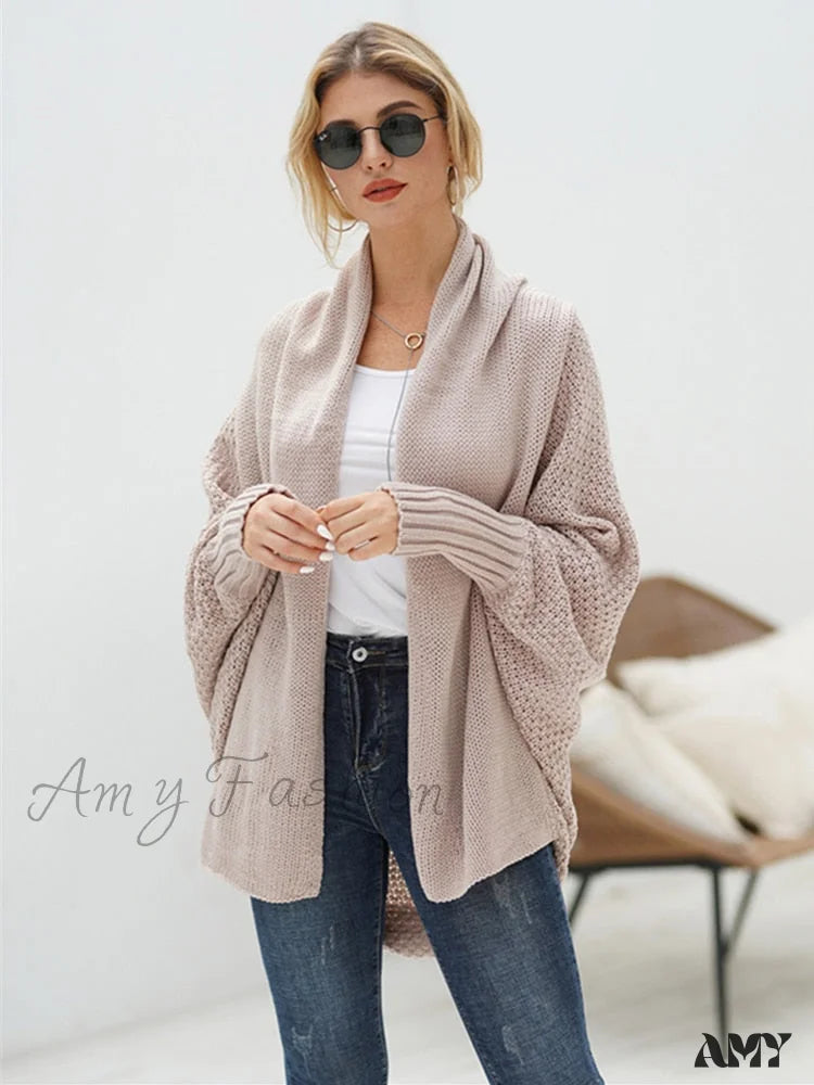 Limited Availability Amy Fashion - Solid Batwing Sleeve Loose-fitting Long Knitted Cardigan Sweater