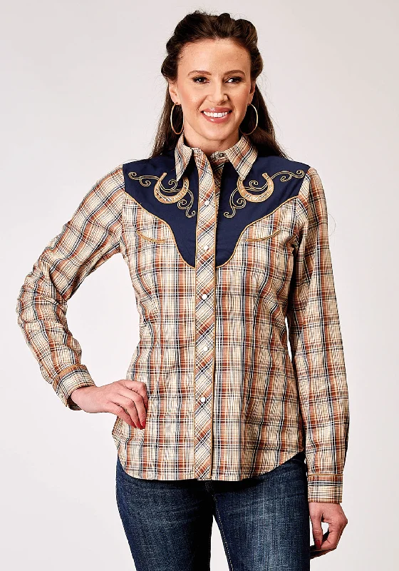 Early Access Roper Womens 1970 Plaid Brown Cotton Blend Fancy L/S Shirt