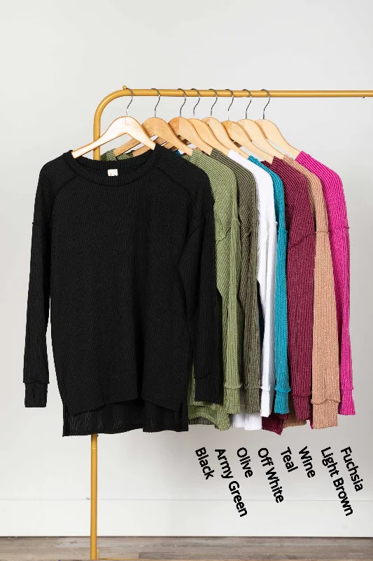 Super Discount Ribbed Drop Shoulder Long Sleeve Knit Top