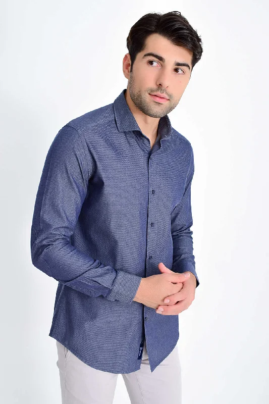 Slim Fit Long Sleeve Cotton Navy Casual Shirt