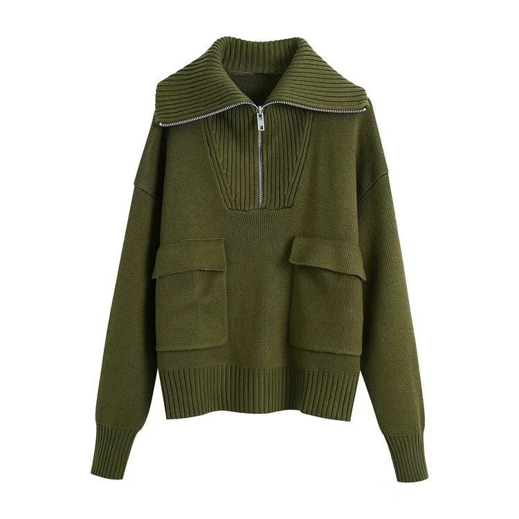 Weekend Deals to Make You Smile New double pocket loose stand collar sweater  7436