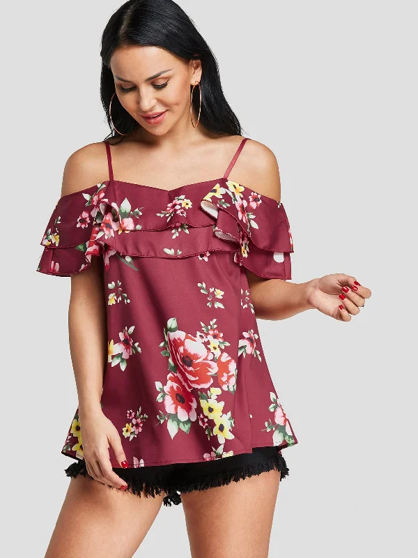 Unbeatable Prices Custom Cold Shoulder Floral Print Tiered Short Sleeve T-Shirts