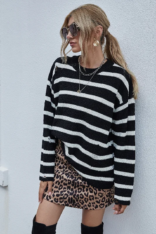 Flash Deals BerryBetty - Loose Stitching Striped Crew Neck Sweater