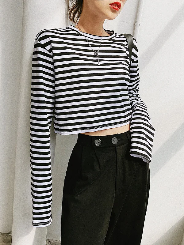 Weekend Discounts to Love Black and white stripe long sleeve T shirt  323