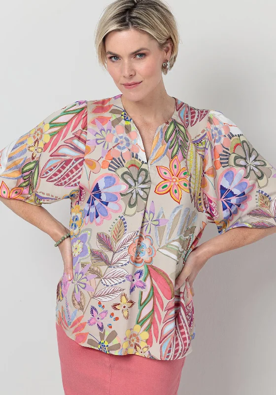 Deal Explosion Bianca Alena Floral Print V Neck Top, Beige Multi
