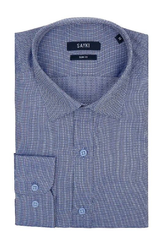 Slim Fit Pin Check Long Sleeve Cotton Navy Dress Shirt