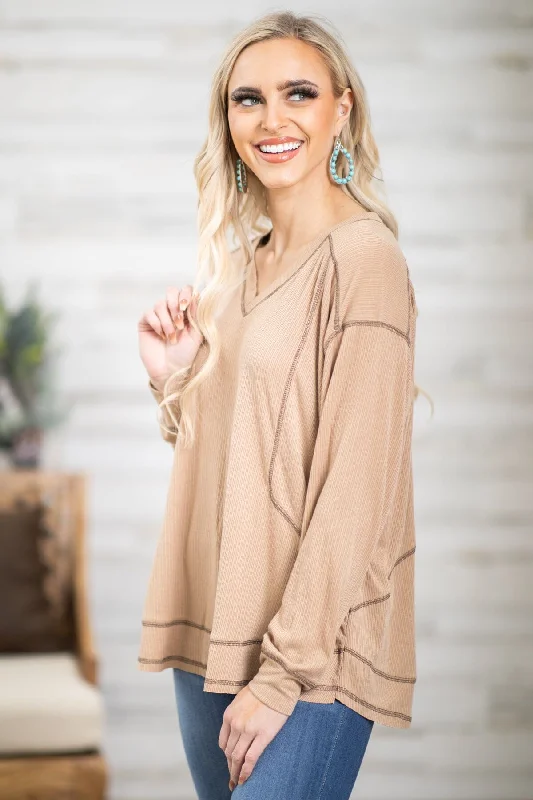 Steal Deal Taupe Contrast Seam V-Neck Top
