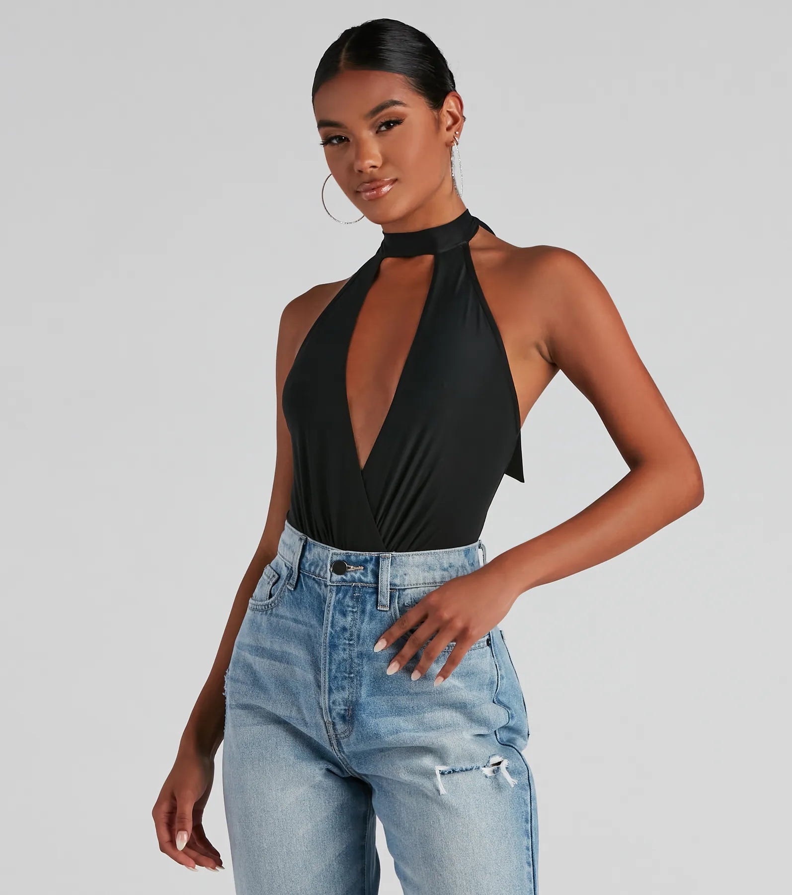 Take Advantage Sultry Plunge V-Neck Halter Bodysuit